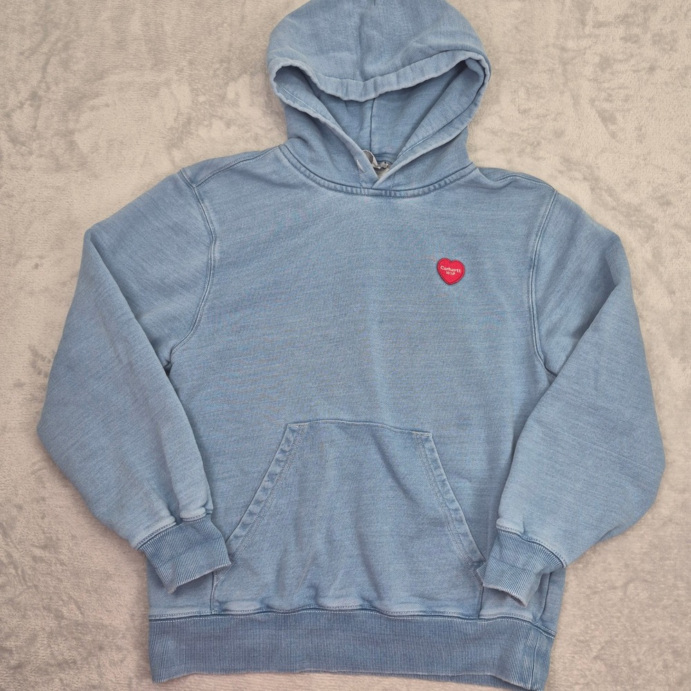 Carhartt WIP Heart Patch Hoodie Light Blue Stone Wash Sweatshirt Unisex Women XS - Picture 2 of 15